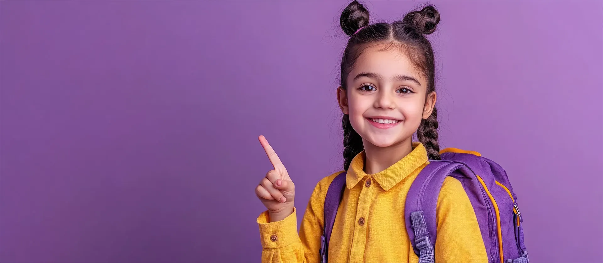 Smiling schoolgirl in a yellow shirt with a purple backpack, pointing at the headline
