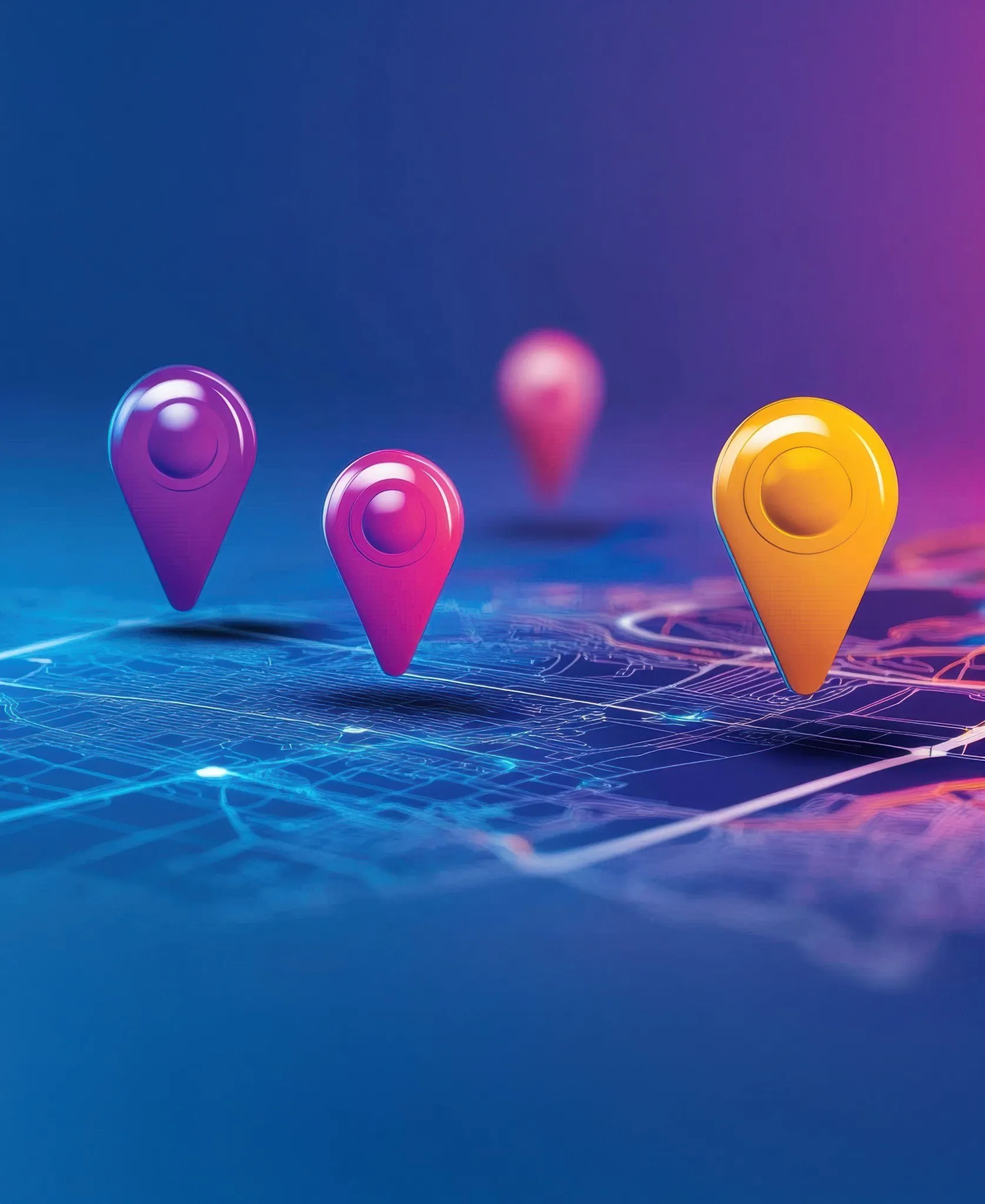 Glowing city map with colourful location pins